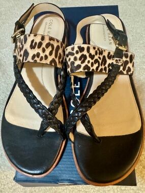 Cole Haan Black Leather Sandals with Leopard Print Strap Size 9B